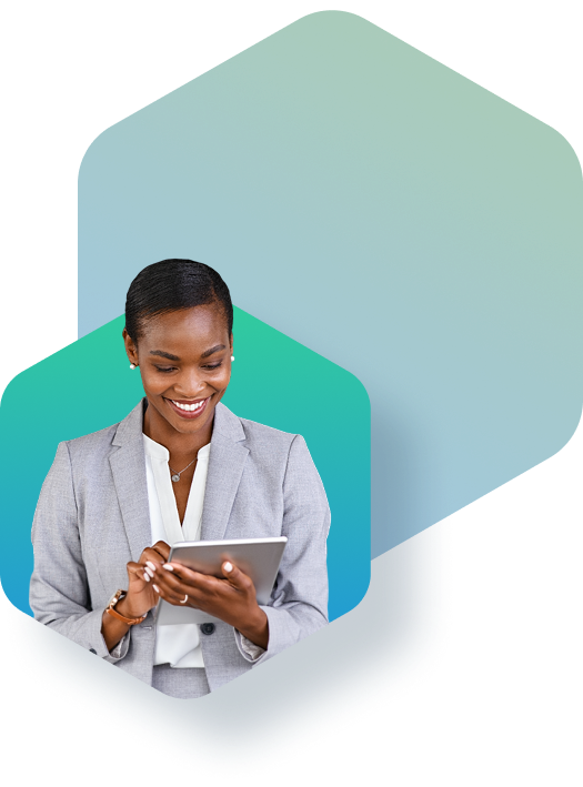 an Ai scale up executive smiling and holding a table reading about benefits of microsoft marketplace with stactize