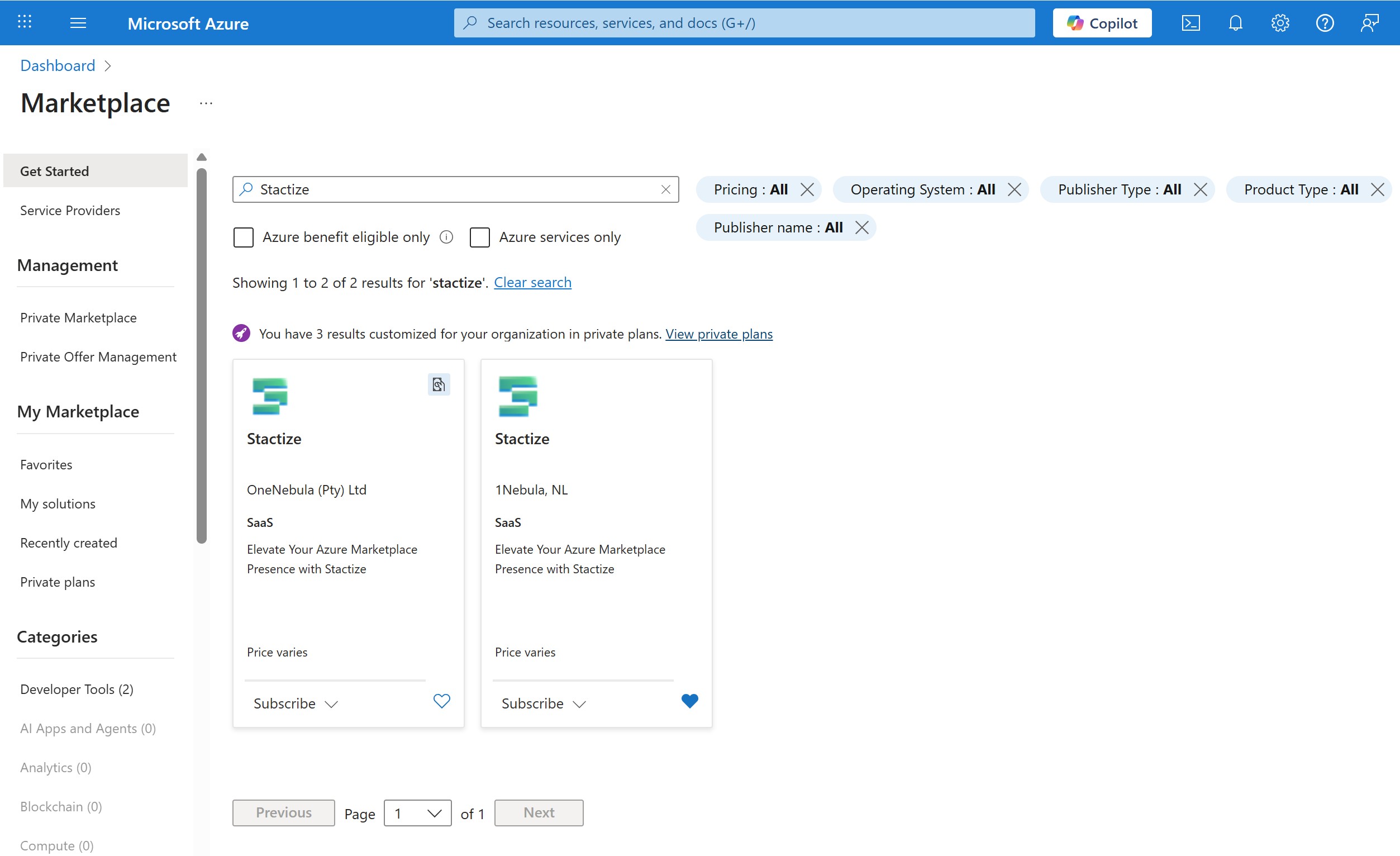 what is azure marketplace with stactize search
